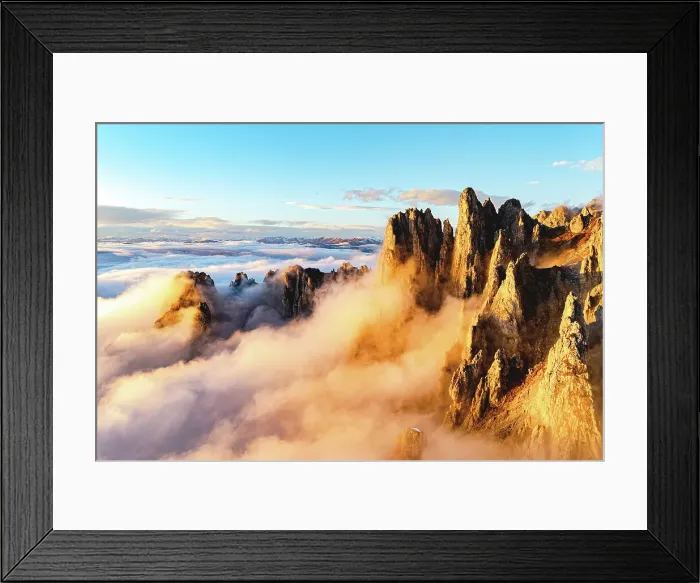 Framed Print : Foggy sunset over the rock spires of Grignetta mountain, aerial view, Grigne group, Lake Como, Lecco province, Lombardy, Italy Framed Print : Foggy sunset over the rock spires of Grignetta mountain, aerial view, Grigne group, Lake Como, Lecco province, Lombardy, Italy