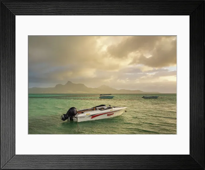 Framed Print : Boats on a lagoon near Point Jerome at sunrise, Preskil Island, Mahebourg, Mauritius, East Africa. Summer (June) 2024