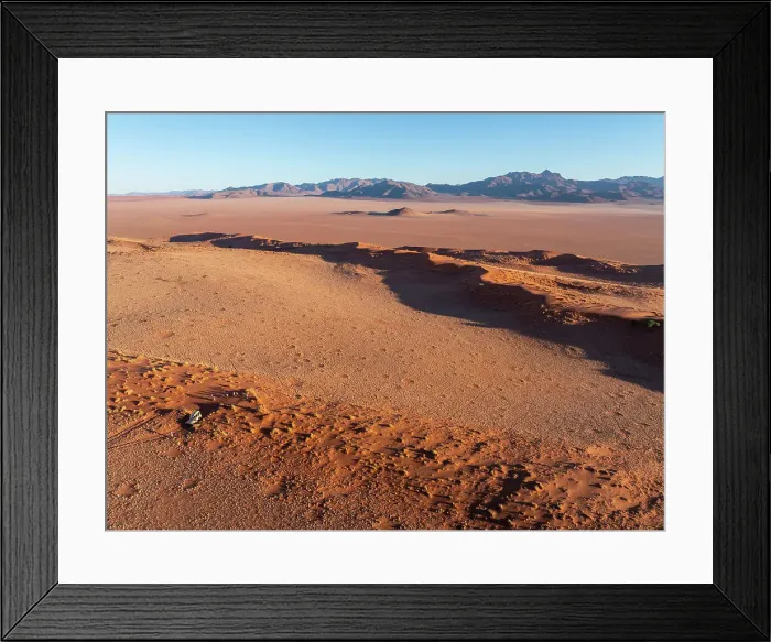 Framed Print : Aerial view of fairy circles, and tourists on safari, Wolwedans, NamibRand Nature Reserve, Namibia, Africa