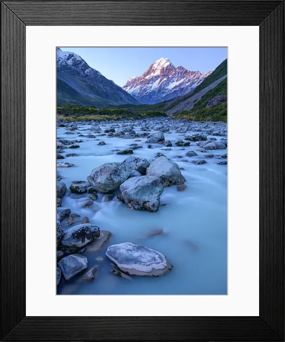 Framed Print : New Zealand, South Island, Southern Alps, Mount Cook National Park, Aoraki, Mount Cook and Hooker river Framed Print : New Zealand, South Island, Southern Alps, Mount Cook National Park, Aoraki, Mount Cook and Hooker river
