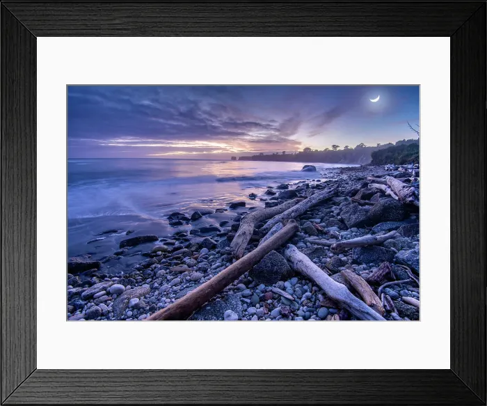 Framed Print : New Zealand, South Island, West Coast, Westport, Cape Foulwind, rocky beach with crescent moon Framed Print : New Zealand, South Island, West Coast, Westport, Cape Foulwind, rocky beach with crescent moon