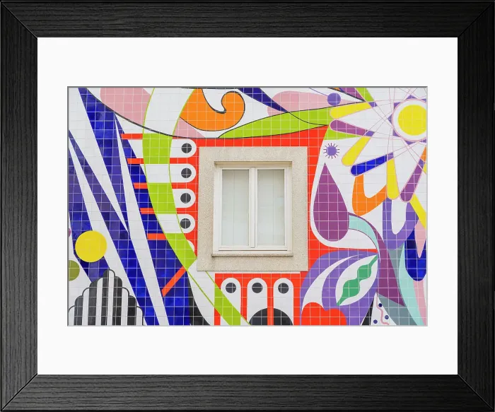 Framed Print : A window and tiled colourful wall mural by Joana Vasconcelos, Porto, Portugal, Europe Framed Print : A window and tiled colourful wall mural by Joana Vasconcelos, Porto, Portugal, Europe