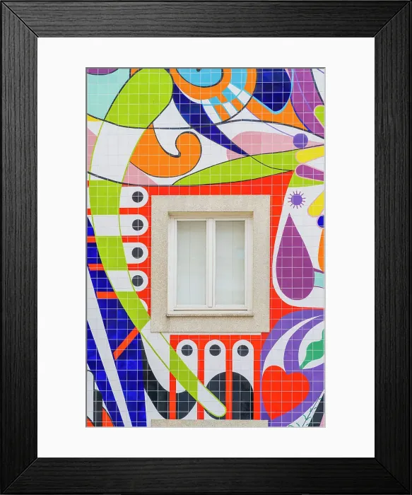 Framed Print : A window and tiled colourful wall mural by Joana Vasconcelos, Porto, Portugal, Europe Framed Print : A window and tiled colourful wall mural by Joana Vasconcelos, Porto, Portugal, Europe