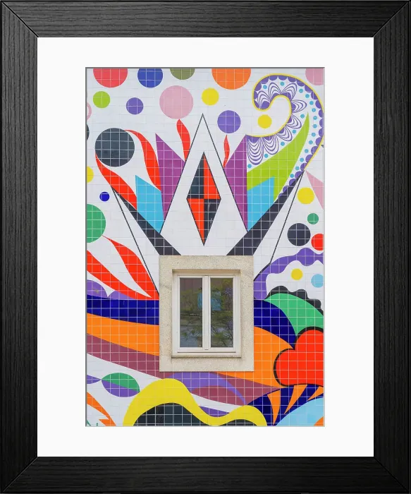 Framed Print : A window and tiled colourful wall mural by Joana Vasconcelos, Porto, Portugal, Europe Framed Print : A window and tiled colourful wall mural by Joana Vasconcelos, Porto, Portugal, Europe