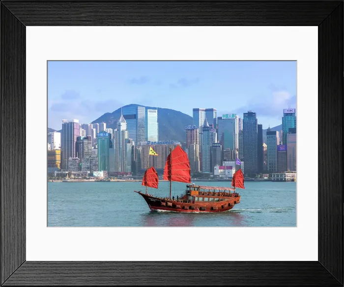 Framed Print : A Red Sail Junk in Hong Kong Harbour, Hong Kong, China Framed Print : A Red Sail Junk in Hong Kong Harbour, Hong Kong, China