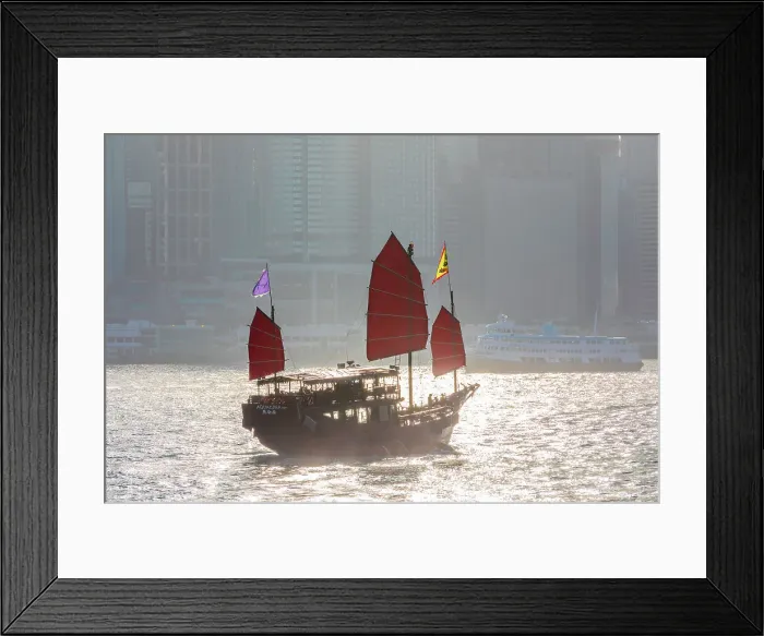 Framed Print : A Red Sail Junk in Hong Kong Harbour, Hong Kong, China
