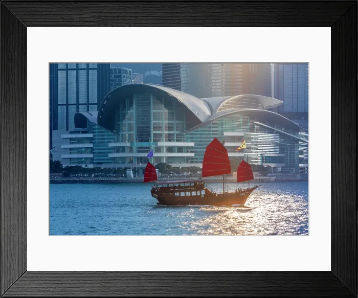 Framed Print : A Red Sail Junk in Hong Kong Harbour, Hong Kong, China Framed Print : A Red Sail Junk in Hong Kong Harbour, Hong Kong, China