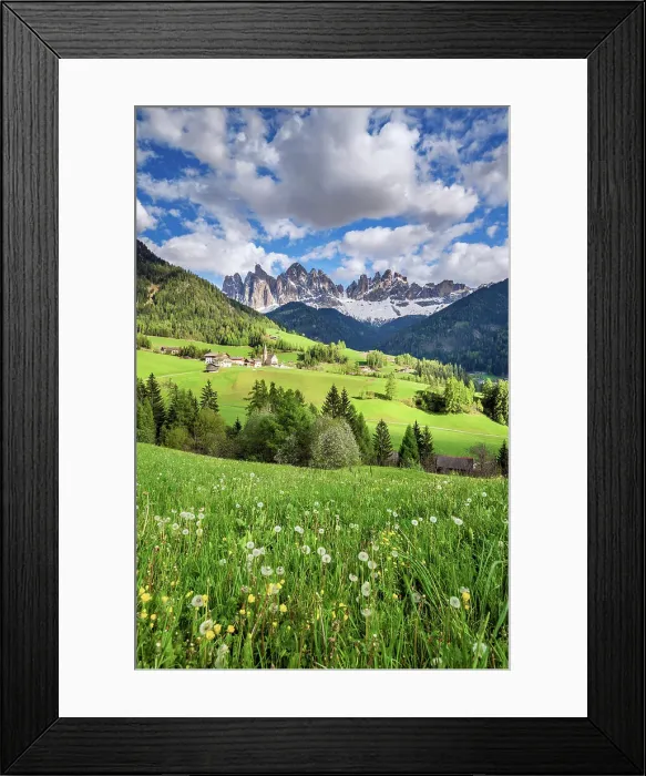 Framed Print : Scenic view of St. Magdalena-Santa Maddalena mountain village with Odle (Geislergruppe) mountain group behind, Dolomites, Villnoss-Val di Funes, Alto Adige-Sudtirol, Italy Framed Print : Scenic view of St. Magdalena-Santa Maddalena mountain village with Odle (Geislergruppe) mountain group behind, Dolomites, Villnoss-Val di Funes, Alto Adige-Sudtirol, Italy