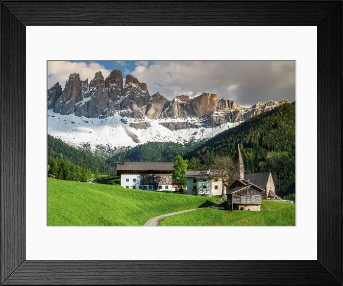 Framed Print : Scenic view of St. Magdalena-Santa Maddalena mountain village with Odle (Geislergruppe) mountain group behind, Dolomites, Villnoss-Val di Funes, Alto Adige-Sudtirol, Italy Framed Print : Scenic view of St. Magdalena-Santa Maddalena mountain village with Odle (Geislergruppe) mountain group behind, Dolomites, Villnoss-Val di Funes, Alto Adige-Sudtirol, Italy