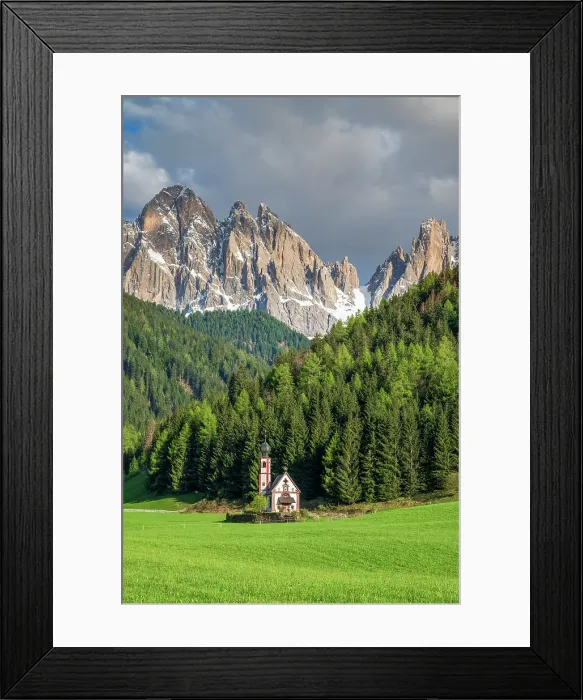 Framed Print : St. Johann in Ranui church with Odle (Geislergruppe) mountain group behind, Dolomites, Villnoss-Val di Funes, Alto Adige-Sudtirol, Italy Framed Print : St. Johann in Ranui church with Odle (Geislergruppe) mountain group behind, Dolomites, Villnoss-Val di Funes, Alto Adige-Sudtirol, Italy