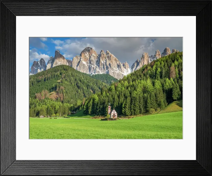 Framed Print : St. Johann in Ranui church with Odle (Geislergruppe) mountain group behind, Dolomites, Villnoss-Val di Funes, Alto Adige-Sudtirol, Italy Framed Print : St. Johann in Ranui church with Odle (Geislergruppe) mountain group behind, Dolomites, Villnoss-Val di Funes, Alto Adige-Sudtirol, Italy
