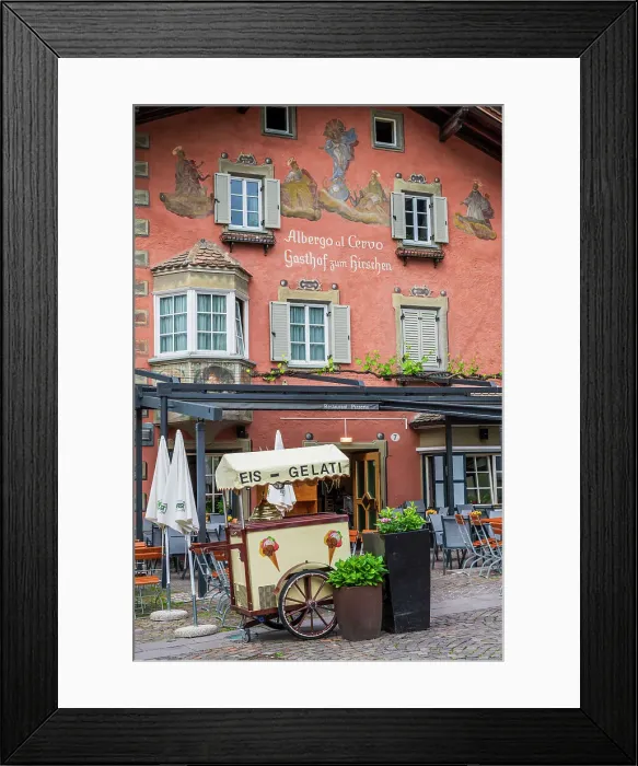 Framed Print : Picturesque street corner with ice cream cart, Klausen-Chiusa, Alto Adige-South Tyrol, Italy Framed Print : Picturesque street corner with ice cream cart, Klausen-Chiusa, Alto Adige-South Tyrol, Italy