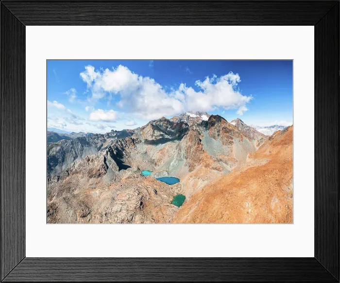 Framed Print : Aerial panoramic view of Sassersa lakes, Valmalenco, Valtellina, Lombardy, Italy Framed Print : Aerial panoramic view of Sassersa lakes, Valmalenco, Valtellina, Lombardy, Italy