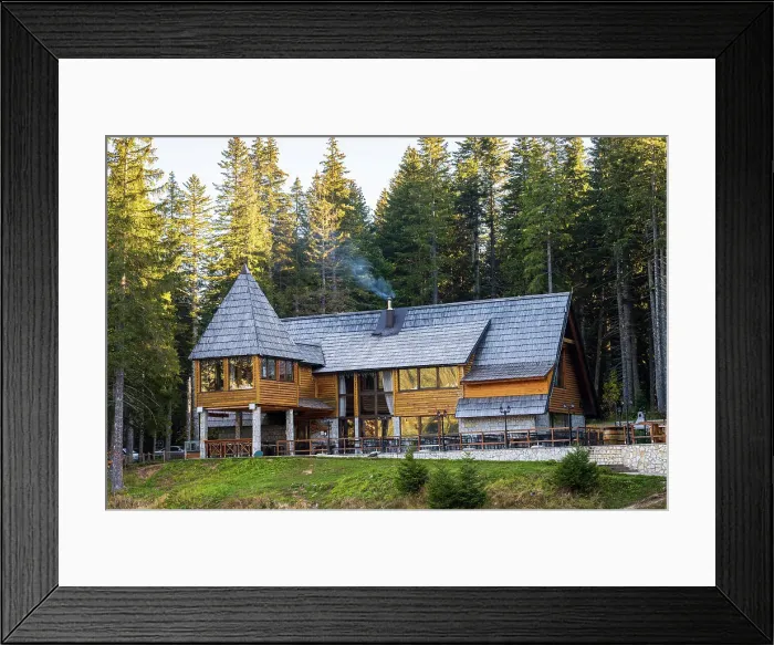 Framed Print : Restaurant at Crno Jevero or Black lake in the Municipality of Zabljak in northern Montenegro