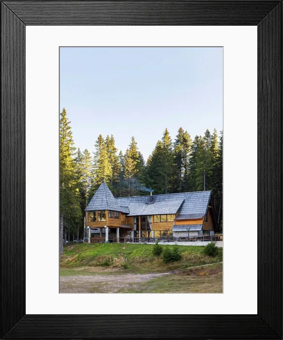 Framed Print : Restaurant at Crno Jevero or Black lake in the Municipality of Zabljak in northern Montenegro