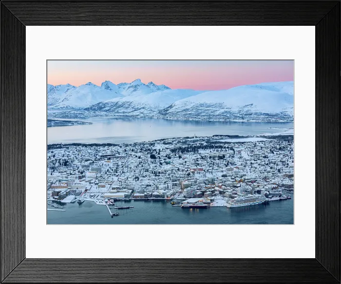 Framed Print : Mountains overlooking the frozen harbor of Tromso in winter, Norway Framed Print : Mountains overlooking the frozen harbor of Tromso in winter, Norway