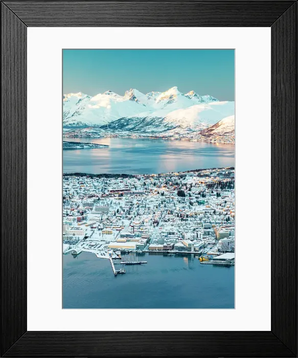 Framed Print : High angle view of Tromso city and harbor covered with snow at sunset from Fjellheisen viewpoint, Norway Framed Print : High angle view of Tromso city and harbor covered with snow at sunset from Fjellheisen viewpoint, Norway