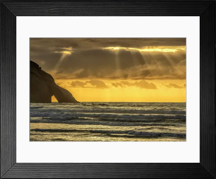 Framed Print : New Zealand, South Island, Wharariki Beach, sunset with clouds