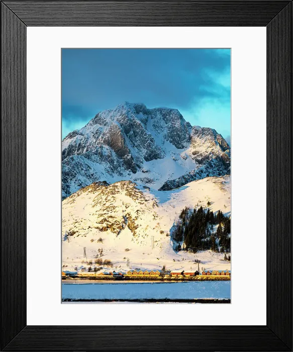Framed Print : Arctic sunrise over traditional rorbu cabins and snowcapped mountains, Skreda, Leknes, Lofoten Islands, Norway Framed Print : Arctic sunrise over traditional rorbu cabins and snowcapped mountains, Skreda, Leknes, Lofoten Islands, Norway