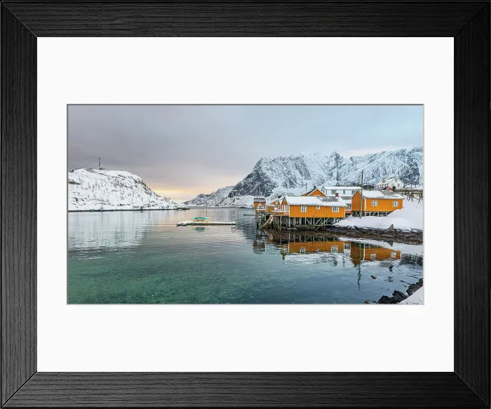 Framed Print : Fishing village of Sakrisoy and snowcapped mountains reflected in the cold turquoise sea, Lofoten Islands, Norway Framed Print : Fishing village of Sakrisoy and snowcapped mountains reflected in the cold turquoise sea, Lofoten Islands, Norway