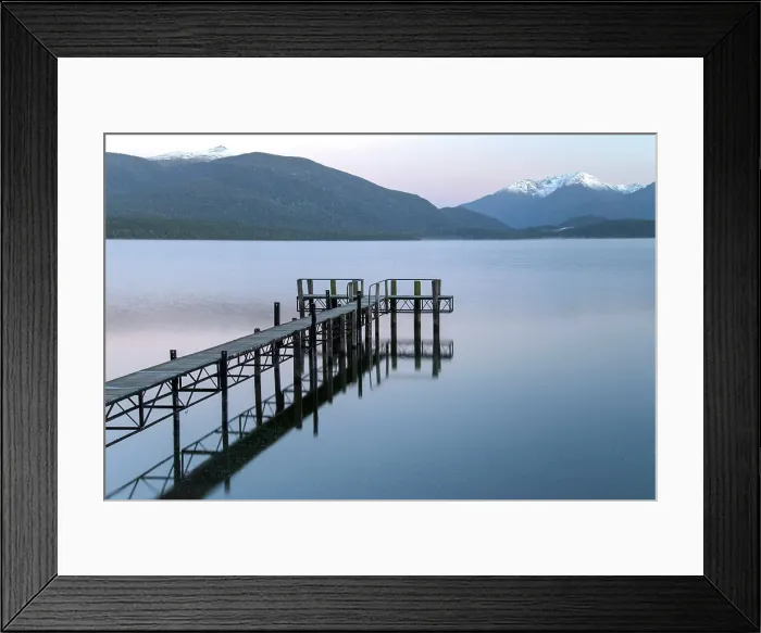 Framed Print : New Zealand, South Island, Southland, Southern alps, Te Anau, Lake Te Anau, pier and mountains