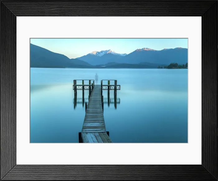 Framed Print : New Zealand, South Island, Southland, Southern alps, Te Anau, Lake Te Anau, man on pier