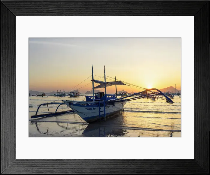 Framed Print : Bangkas moored on Corong Corong Beach at sunset, El Nido, Bacuit Bay, Palawan, Philippines Framed Print : Bangkas moored on Corong Corong Beach at sunset, El Nido, Bacuit Bay, Palawan, Philippines