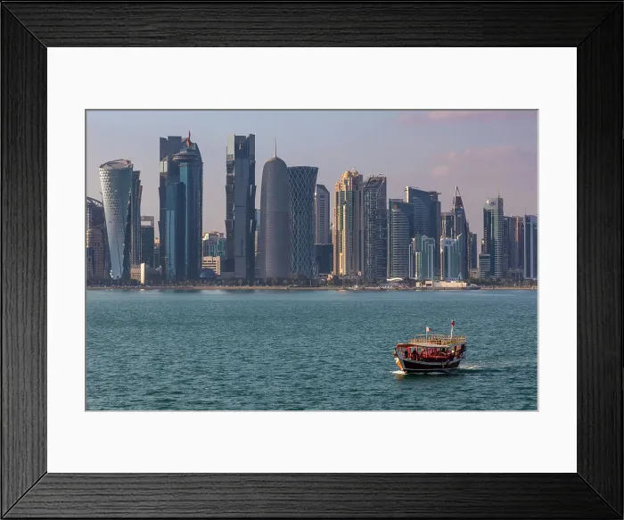 Framed Print : A Dhow in the Harbour with the West Bay Skyline, Doha, Qatar Framed Print : A Dhow in the Harbour with the West Bay Skyline, Doha, Qatar