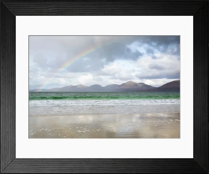Framed Print : Rainbow over Traigh Rosamol (Rosamol beach), with Harris Hills in the background, Isle of Harris, Outer Hebrides, Scotland Framed Print : Rainbow over Traigh Rosamol (Rosamol beach), with Harris Hills in the background, Isle of Harris, Outer Hebrides, Scotland