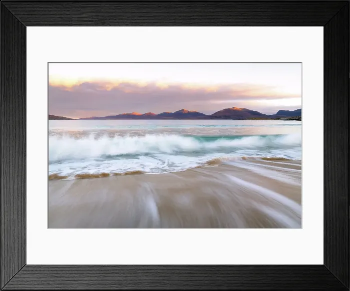 Framed Print : Sunrise over Traigh Rosamol (Rosamol beach), looking towards Harris Hills, Isle of Harris, Outer Hebrides, Scotland