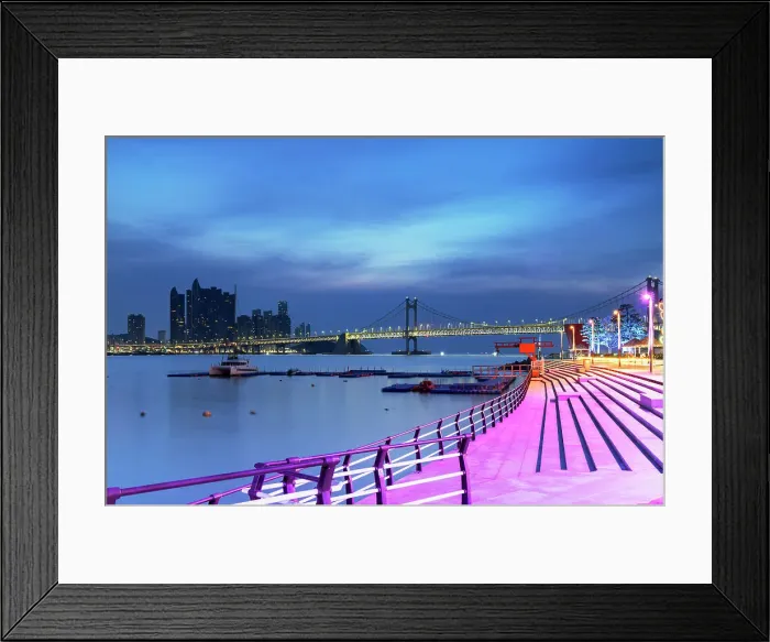 Framed Print : Gwangan Bridge and Namcheon Beach Park at dawn, Busan, South Korea Framed Print : Gwangan Bridge and Namcheon Beach Park at dawn, Busan, South Korea