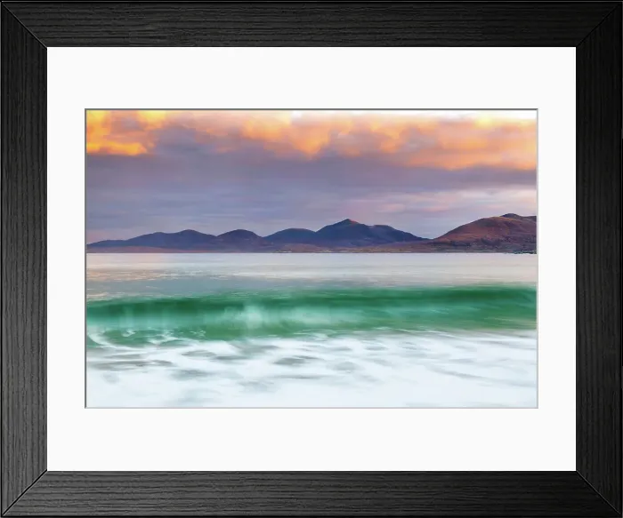 Framed Print : Sunrise over Traigh Rosamol (Rosamol beach), looking towards Harris Hills, Isle of Harris, Outer Hebrides, Scotland