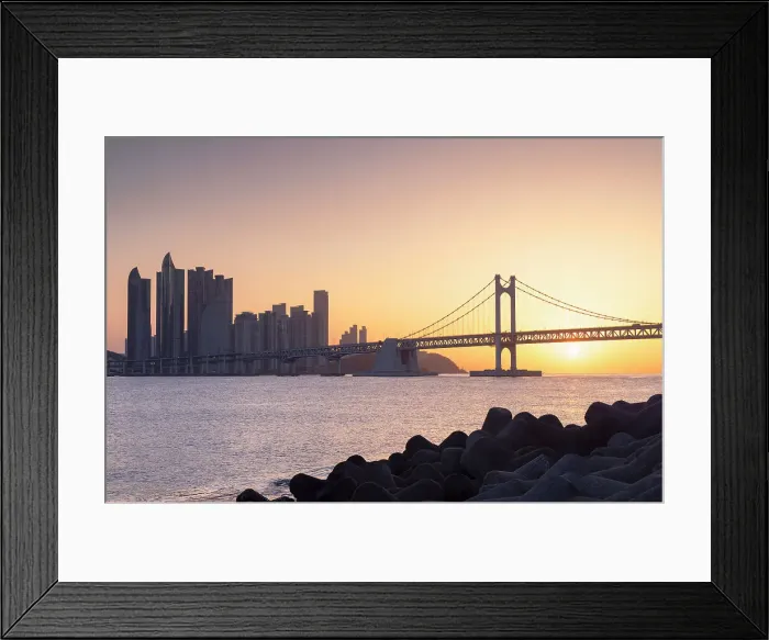 Framed Print : Skyscrapers of Marine City and Gwangan Bridge at sunrise, Busan, South Korea Framed Print : Skyscrapers of Marine City and Gwangan Bridge at sunrise, Busan, South Korea