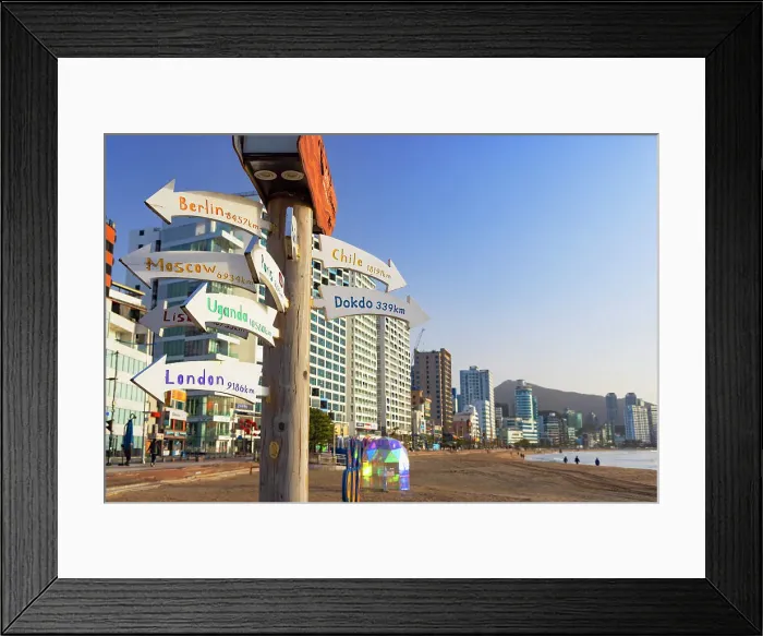 Framed Print : Distance signpost on Gwangalli Beach, Busan, South Korea Framed Print : Distance signpost on Gwangalli Beach, Busan, South Korea