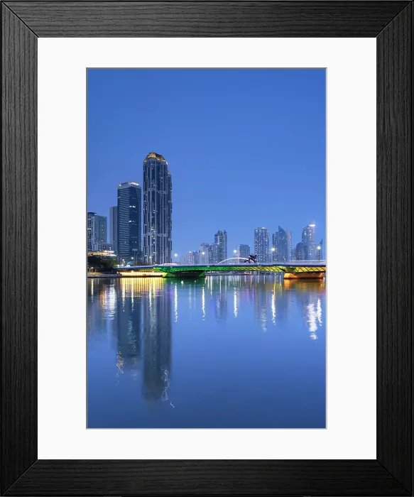 Framed Print : Skyscrapers and Millak Bridge on Haeundae River at dusk, Busan, South Korea Framed Print : Skyscrapers and Millak Bridge on Haeundae River at dusk, Busan, South Korea
