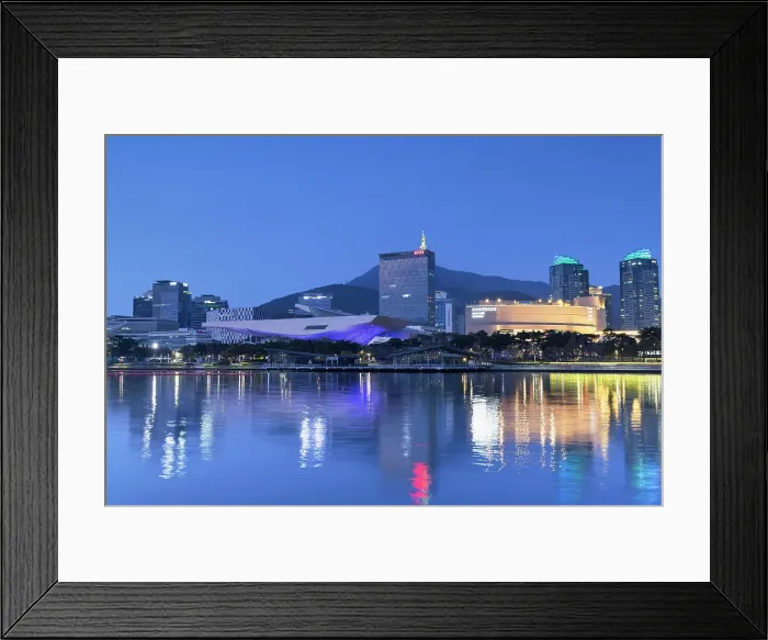 Framed Print : Museums and park along Haeundae River at dusk, Busan, South Korea Framed Print : Museums and park along Haeundae River at dusk, Busan, South Korea