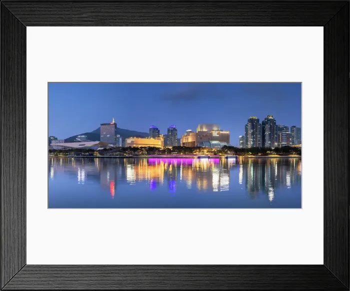 Framed Print : Museums and park along Haeundae River at dusk, Busan, South Korea Framed Print : Museums and park along Haeundae River at dusk, Busan, South Korea