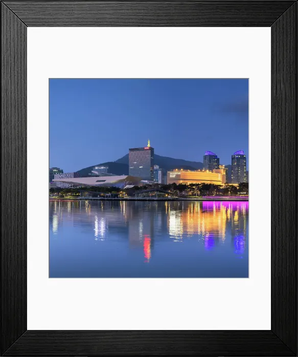 Framed Print : Museums and park along Haeundae River at dusk, Busan, South Korea Framed Print : Museums and park along Haeundae River at dusk, Busan, South Korea