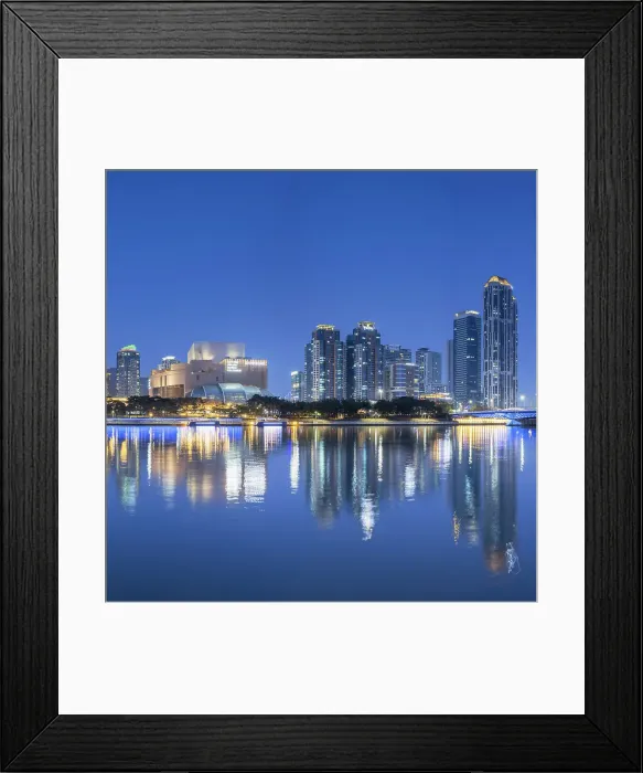 Framed Print : Museums and park along Haeundae River at dusk, Busan, South Korea Framed Print : Museums and park along Haeundae River at dusk, Busan, South Korea