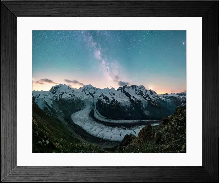 Framed Print : Panoramic view of Milky Way in the starry sky over Monte Rosa and Gorner Glacier, Gornergrat, Zermatt, Valais, Switzerland Framed Print : Panoramic view of Milky Way in the starry sky over Monte Rosa and Gorner Glacier, Gornergrat, Zermatt, Valais, Switzerland