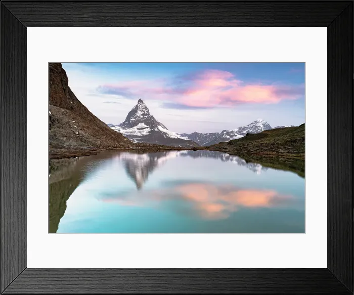 Framed Print : Romantic sunrise over Matterhorn reflected in the calm waters of Riffelsee lake, Zermatt, Canton of Valais, Switzerland Framed Print : Romantic sunrise over Matterhorn reflected in the calm waters of Riffelsee lake, Zermatt, Canton of Valais, Switzerland