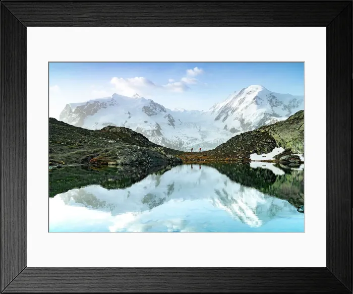Framed Print : Hikers walking on mountain ridge lakeshore with the snowcapped Lyskamm and Breithorn on background, Zermatt, Valais, Switzerland Framed Print : Hikers walking on mountain ridge lakeshore with the snowcapped Lyskamm and Breithorn on background, Zermatt, Valais, Switzerland