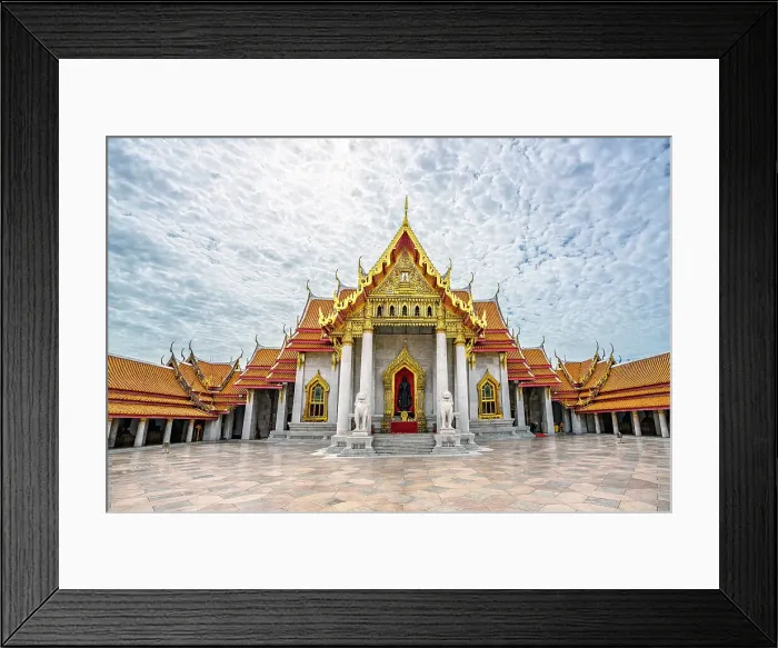 Framed Print : Scenic clouds at dawn over the decorated Wat Benchamabophit temple, (Marble Temple), Bangkok, Thailand Framed Print : Scenic clouds at dawn over the decorated Wat Benchamabophit temple, (Marble Temple), Bangkok, Thailand