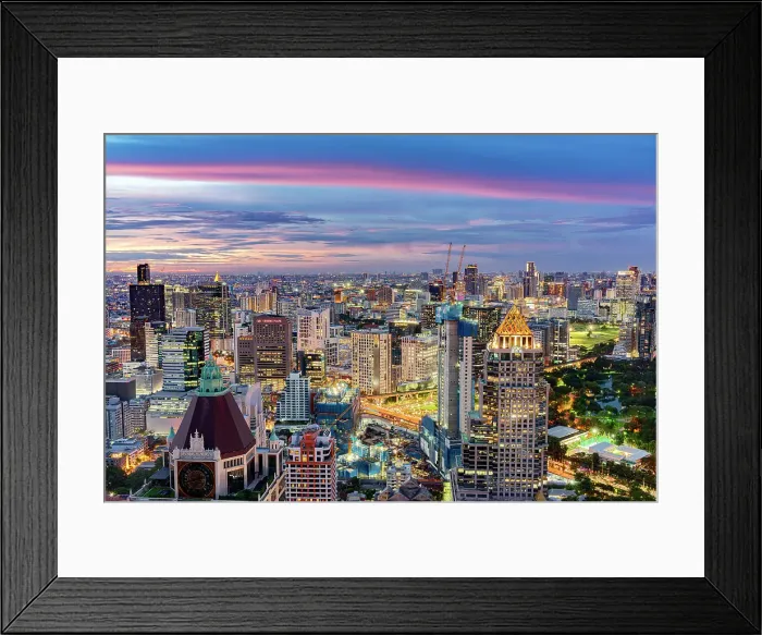 Framed Print : Illuminated skyscrapers of Bangkok skyline at sunset, aerial view, Thailand Framed Print : Illuminated skyscrapers of Bangkok skyline at sunset, aerial view, Thailand