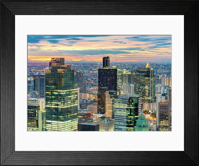 Framed Print : Bangkok skyline under a fiery sunset sky, Thailand Framed Print : Bangkok skyline under a fiery sunset sky, Thailand