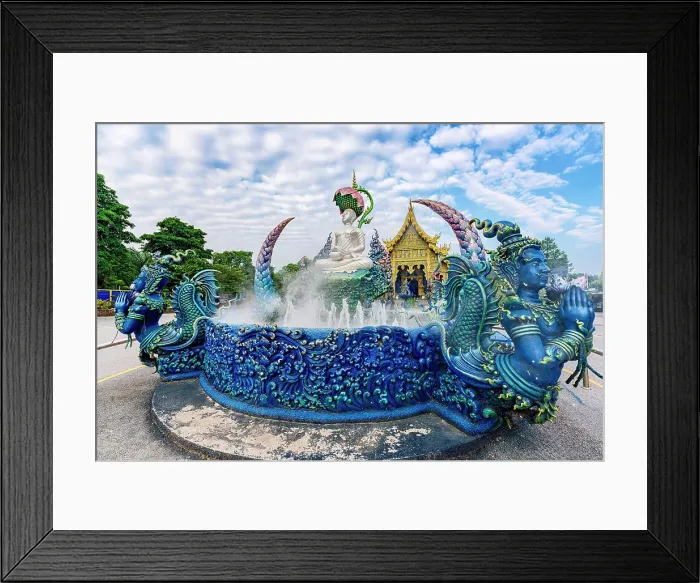 Framed Print : Sitting Buddha statue and fountain outside the Wat Rong Suea Ten (Blue Temple) shrine, Chiang Rai, Thailand Framed Print : Sitting Buddha statue and fountain outside the Wat Rong Suea Ten (Blue Temple) shrine, Chiang Rai, Thailand