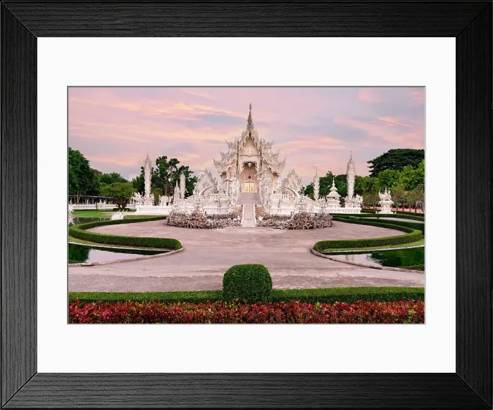 Framed Print : Romantic sunrise over Wat Rong Khun or White Temple buddhist shrine, Chiang Rai, Thailand Framed Print : Romantic sunrise over Wat Rong Khun or White Temple buddhist shrine, Chiang Rai, Thailand