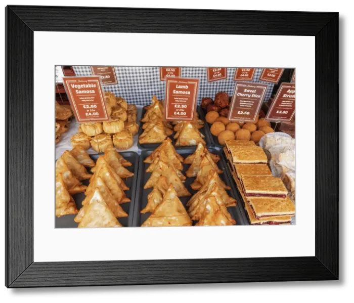 Framed Print : England, Kent, Faversham, Faversham Market, Display of Samosasd Framed Print : England, Kent, Faversham, Faversham Market, Display of Samosasd