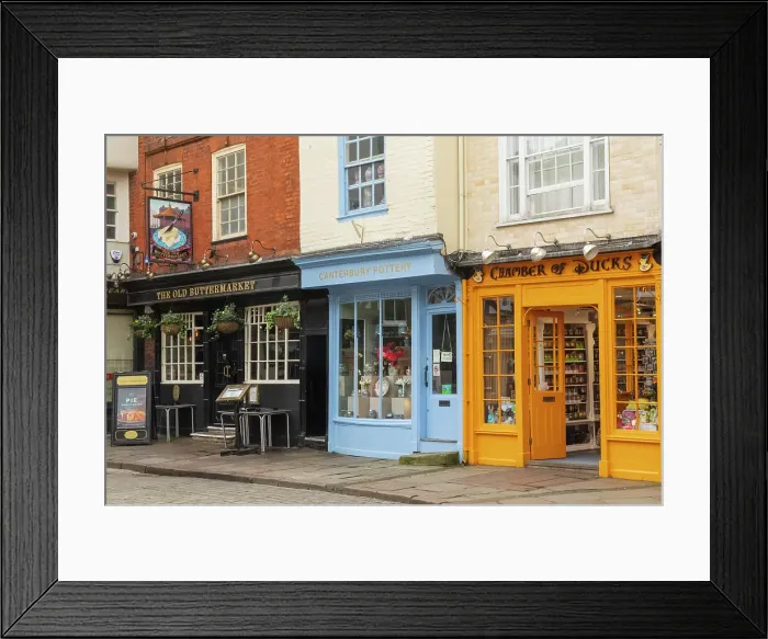 Framed Print : England, Kent, Canterbury, Colourful Shops in The Birgate Framed Print : England, Kent, Canterbury, Colourful Shops in The Birgate