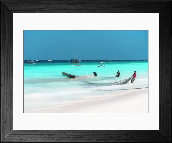 Framed Print : Fishermen haul their nets ashore after a fishing trip, Zanzibar, Tanzania, Africa Framed Print : Fishermen haul their nets ashore after a fishing trip, Zanzibar, Tanzania, Africa